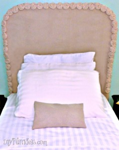 DIY No-sew drop cloth rosette headboard slip cover