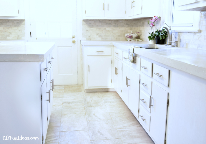 Gorgeous budget kitchen makeover with white concrete countertops