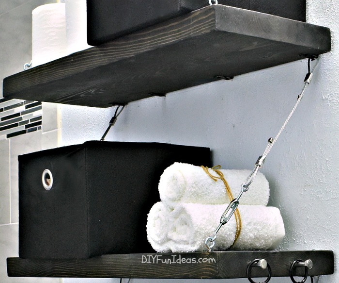 These steel cable suspension shelves are amazing. The hardware adds so much to them and I'm loving the industrial feel.