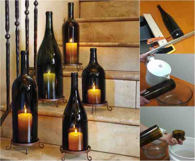 diy wine bottle hurricane candle lantern